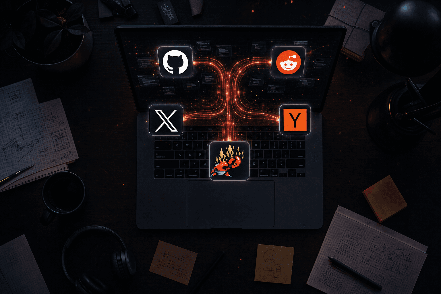 The best tools for finding validated startup ideas. Dark editorial illustration.